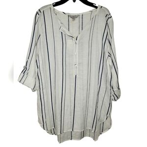 White and Blue Boxy Buttoned Blouse Linen Blend NWT!